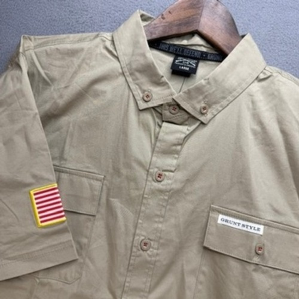 Grunt Style Button Down Tactical Shirt Short Sleeve Large Tan US Flag Utility